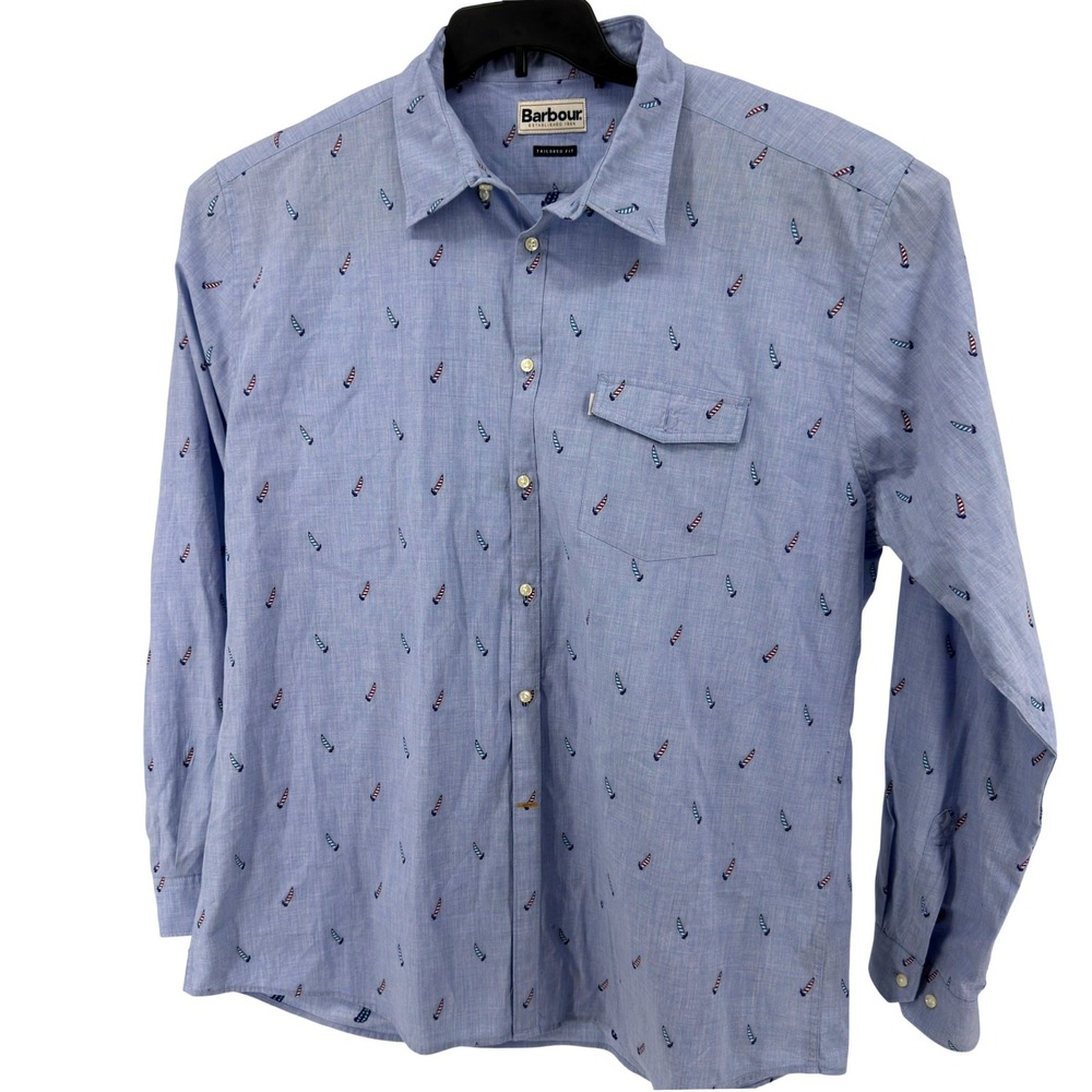 Barbour Sailboat Embroidered Shirt Mens XXL Blue Tailored Fit Cotton Nautical